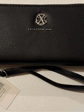 Christian Lacroix Black Pebbled Leather Wristlet Clutch with Silver Logo